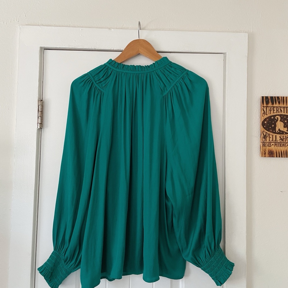 LOFT Teal Long-Sleeve Smocked V-Neck Blouse - Picture 5 of 5